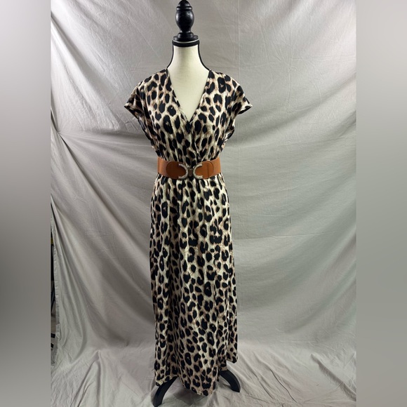 Leopard Print Deep V Bat Sleeves Dress Maxi - Picture 7 of 8